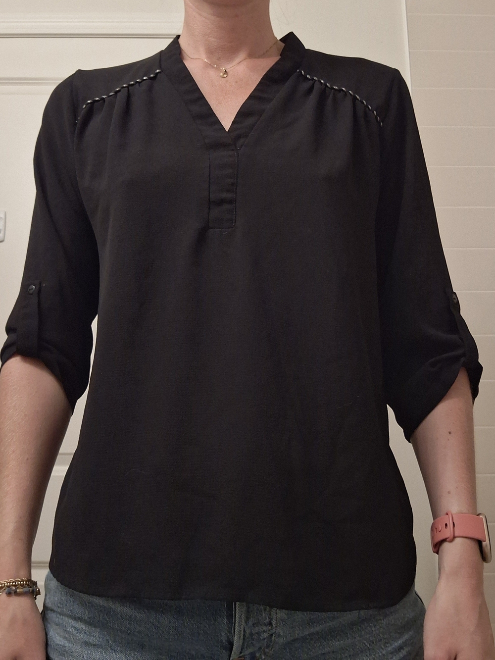 Women's Black V-Neck Roll-Tab Blouse
